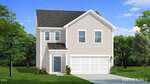 A digital rendering of a two-story suburban house at 54 Gerrard Street, Franklinton, with light beige siding, dark gray roof, attached two-car garage, small covered entryway, and surrounded by green lawn, trees, and blue sky.