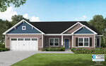 A digital rendering of a single-story suburban house at 55 Kettle Creek Drive, Zebulon, with blue and brown siding, white trim, a black roof, double garage, and front porch, surrounded by green lawn and landscaping under a blue sky.