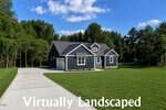 A modern gray house with white trim sits on a large, neatly maintained lawn at 53 Stonewood Loop Lane, Henderson. A curved driveway winds through tall trees under a blue sky with scattered clouds. Text reads "Virtually Landscaped.