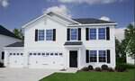 A two-story modern white house at 160 Buckthorn Drive, Youngsville, with black shutters, a black front door, large windows, and a three-car garage. The neatly trimmed lawn and concrete driveway complete the picture under a partly cloudy sky.