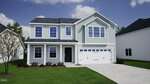 A two-story modern suburban house at 13 Plantation Drive, Youngsville, with light blue siding, white trim, and a double garage. The front yard features green grass, small shrubs, a tree, and a driveway leading to the garage.