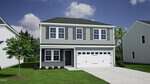 A modern two-story house at 33 Plantation Drive in Youngsville features gray siding, white trim, and a double garage. The front yard has green grass, a small tree, and shrubs under a blue sky with a few clouds.
