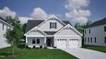 A modern, light-gray house with white trim at 93 Moon Flower Walk, Youngsville, features an attached two-car garage, a small covered porch, manicured lawn, tidy shrubs in front, all set under a partly cloudy sky.