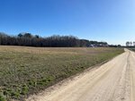 A dirt road runs alongside a grassy open field, bordered by trees in the distance under a clear blue sky. A few houses are visible near the edge of the field.