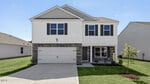Two-story modern suburban house at 102 Ross Drive with white siding and dark shutters, double garage, brick accents, and a small front yard with a young tree stem. Clear blue sky in the background.