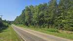 A paved rural road, 00 Robert Morgan Road near Oxford, runs alongside dense green trees under a clear blue sky. The road curves gently and is bordered by grass and a utility pole on the left.