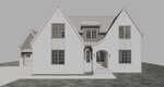 A grayscale architectural rendering of a two-story house at 310 Ironwood Boulevard, Youngsville, featuring a gabled roof, large windows, a covered front entry with an archway, and an attached garage on the left side against a plain background.