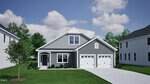 A modern gray house with white trim at 92 Moon Flower Walk, Youngsville, features a covered front porch, double garage, and is surrounded by green lawn and trees under a partly cloudy sky.