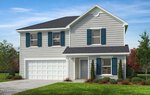 A two-story light gray house with blue shutters at 525 Purple Aster Street, Youngsville. Features a white garage door, covered front entry, and is surrounded by green grass, small bushes, and trees under a partly cloudy sky.