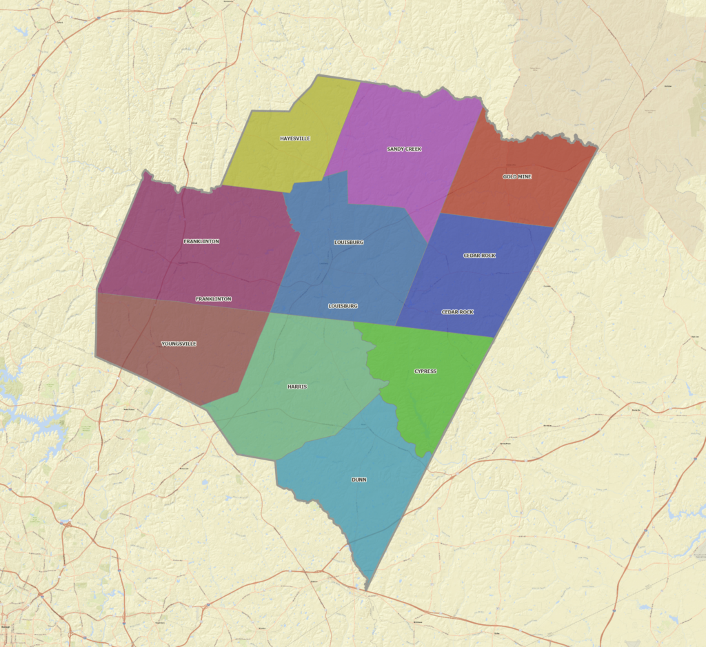 A map of Franklin County in North Carolina showing the Township boundaries.