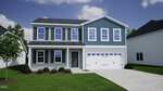 A two-story suburban house at 60 Mistflower Drive in Youngsville with blue and light gray siding, white trim, a front porch, and a two-car garage. The yard features green grass, small shrubs, and a young tree by the driveway.