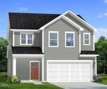 A two-story house at 14 Gerrard Street, Franklinton, with gray siding, white trim, and a dark shingle roof. Features four upstairs windows, a double garage, brown front door, and small flower bed by the entrance under a blue sky.