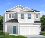 A two-story modern suburban house at 48 Gerrard Street in Franklinton with gray siding, white trim, and a dark roof. It features a teal front door, double garage, manicured lawn, and flowers by the entrance under a clear blue sky.