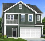 A two-story modern house at 60 Gerrard Street, Franklinton, with dark green siding, white trim, a double garage, a black front door, and a small balcony above the entrance; set against a blue sky with some greenery around.