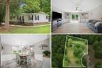 Four images showcase 4148 Forest Court in Oxford: a white house with porch and trees, a living room with blue couch and TV, a bright dining area, and an aerial view outlining the property surrounded by greenery.