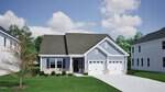 A modern single-story house at 73 Moon Flower Walk, Youngsville, with gray siding, stone accents, a covered front porch, and a two-car garage. The well-kept lawn and shrubs are framed by similar homes and green trees under a blue sky.