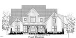Black and white architectural drawing of a two-story house at 3847 Graham Sherron Road, Wake Forest, with steep gabled roofs, board and batten siding, stone accents, a covered porch, and landscaped bushes and trees on either side.