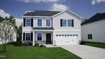A two-story modern suburban house at 16 Silverbell Court, Youngsville, with white siding, black-framed windows, a black front door, attached two-car garage, and a neatly landscaped lawn under a blue sky with scattered clouds.