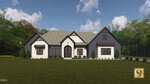 A modern farmhouse at 295 Forest Bridge Road in Youngsville, featuring dark and light siding, gabled roofs, a large arched entryway, and symmetrical windows, is surrounded by green lawn, trees, and a blue sky with clouds.