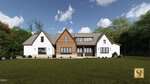 Modern farmhouse at 304 Hidden Lake Drive in Youngsville, featuring white brick and wood siding, multiple gables, large windows, and stone accents, set against a green lawn and surrounded by trees under a partly cloudy sky.