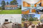 Four images: A small house with a front porch in Oxford, a kitchen with wood cabinets and stainless appliances, a bright living room with a TV and sofa, and a deck with outdoor seating overlooking a green yard and trees at 111 Clubview Place.