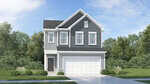Two-story modern house at 445 Park Slope Way in Youngsville, featuring gray siding, white trim, and a double garage. The home has a gabled roof and sits in front of green trees under a blue sky with light clouds.