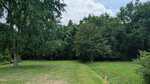 A grassy yard at Lot 2 Hayes Street, Louisburg, with a few tall trees and dense green foliage in the background under a partly cloudy sky.