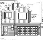 Black and white architectural drawing of a two-story house at 46 Gerrard, Franklinton, with vertical siding, a two-car garage, two windows above the garage, one window above the side door, and a gable roof.