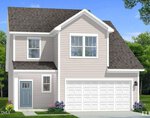 This charming two-story beige house with white trim is located at 50 Gerrard Street in Franklinton. It features a double garage, a welcoming blue front door, and small garden beds in front. The dark gray roof complements the home, which is set against a green, leafy background under a bright blue sky.