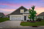 Single-story suburban house with a gray roof, white siding, and a two-car garage, set against a colorful sunset sky. Located at 45 Moon Flower Walk in Youngsville, the property features a young tree and neatly trimmed bushes in the front yard.
