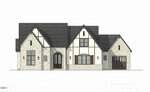 Front elevation drawing of a two-story house at 70 Ashbrooke Falls Drive in Franklinton, featuring steep gabled roofs, a mix of light brick and half-timbered exterior, an arched doorway, multiple windows, and an attached garage on the right.