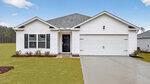 A white single-story house with black shutters, a gray shingled roof, a two-car garage, and a concrete driveway sits at 77 Richmond Run. Small shrubs stem along the front, and the sky is clear with a few clouds.