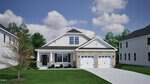 Modern suburban house with white siding, stone accents, black front door, and two-car garage at 80 Moon Flower Walk in Youngsville. The yard has green grass, a small tree, and simple landscaping. Flanked by similar homes, with blue sky and clouds above.