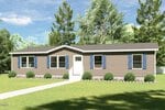 A single-story house with beige siding, blue shutters, and white trim is nestled in Louisburg on Tbd Wood Road, surrounded by green grass, shrubs, and tall trees under a blue sky with light clouds.