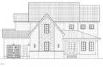 Black and white architectural drawing of a two-story house with a gabled roof, front porch, attached garage, stonework accents, and multiple windows. Located at 135 Seabury Way in Youngsville, the house features symmetric and sharp geometric lines.