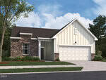 A single-story suburban house with light siding, stone accents, a dark shingle roof, and a white two-car garage is nestled on 209 Tar Banks Drive in Louisburg. The home features a small front yard and a sidewalk, all set under a blue sky with scattered clouds.