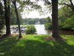 View of a small marina with several boats docked, seen through two large trees on a grassy lawn at 1631 Sagamore Drive, Louisburg. Calm water and wooded shoreline are visible in the background under a bright sky.