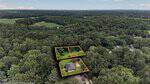 A house surrounded by trees is shown from above at 420 Bunn Street in Henderson, with three connected rectangular lots outlined in orange. The lots include a house and open grassy areas. Dense forest and neighboring homes are visible in the background.