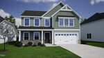Two-story suburban house with green siding, white trim, and a double garage located at 29 Mistflower Drive in Youngsville. There is a front porch, multiple windows, and a landscaped yard with grass and shrubs. The sky is partly cloudy.