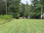 A grassy lawn at 124 Kansas Drive in Louisburg leads to a wooded area with picnic tables, a fence, and electrical equipment on the right. Tall trees and plants surround the scene, giving it a secluded, natural feel.