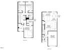 Black and white floor plan with two levels; main level has garage, kitchen, dining, great room, and powder room. Upper level has three bedrooms, two bathrooms, laundry, and closets. Room dimensions are labeled.