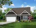 A single-story suburban house with dark siding, white trim, double garage, small front porch, gable roof, manicured lawn, and colorful landscaping sits at 245 Sawtooth Oak Lane in Youngsville, surrounded by trees under a partly cloudy blue sky.