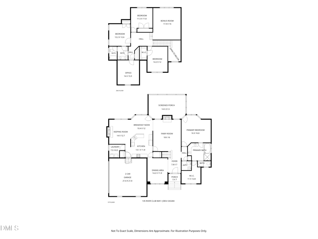 Two-story house floor plan showing five bedrooms, an office, multiple bathrooms, kitchen, dining room, sunroom, laundry area, two-car garage, and living spaces. Stairs connect the two levels. Not to scale.