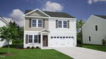 Two-story suburban house with white siding, gray accents, a front door with a small awning, double garage, and brown shutters. Located at 345 Buckthorn Drive in Youngsville, this home features a driveway and manicured lawn with shrubs and trees surrounding the property, with neighboring houses visible.