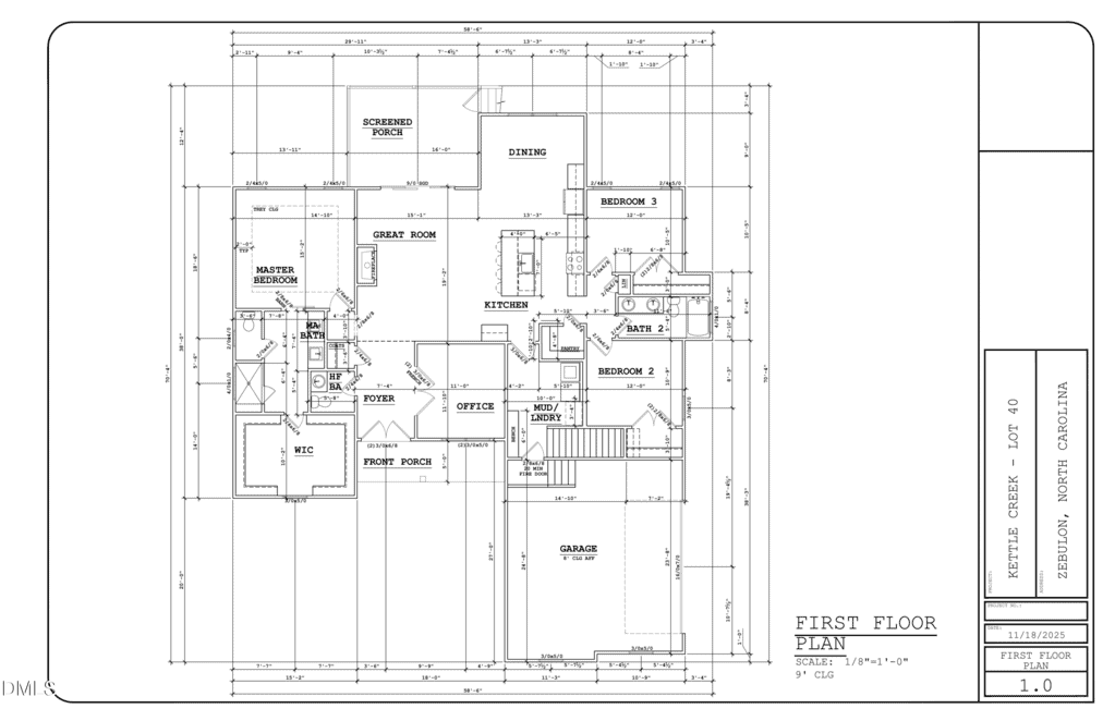 Architectural floor plan showing the layout of the first floor of a house, including labeled rooms such as kitchen, dining, great room, bedrooms, bathrooms, garage, screened porch, foyer, pantry, and office.