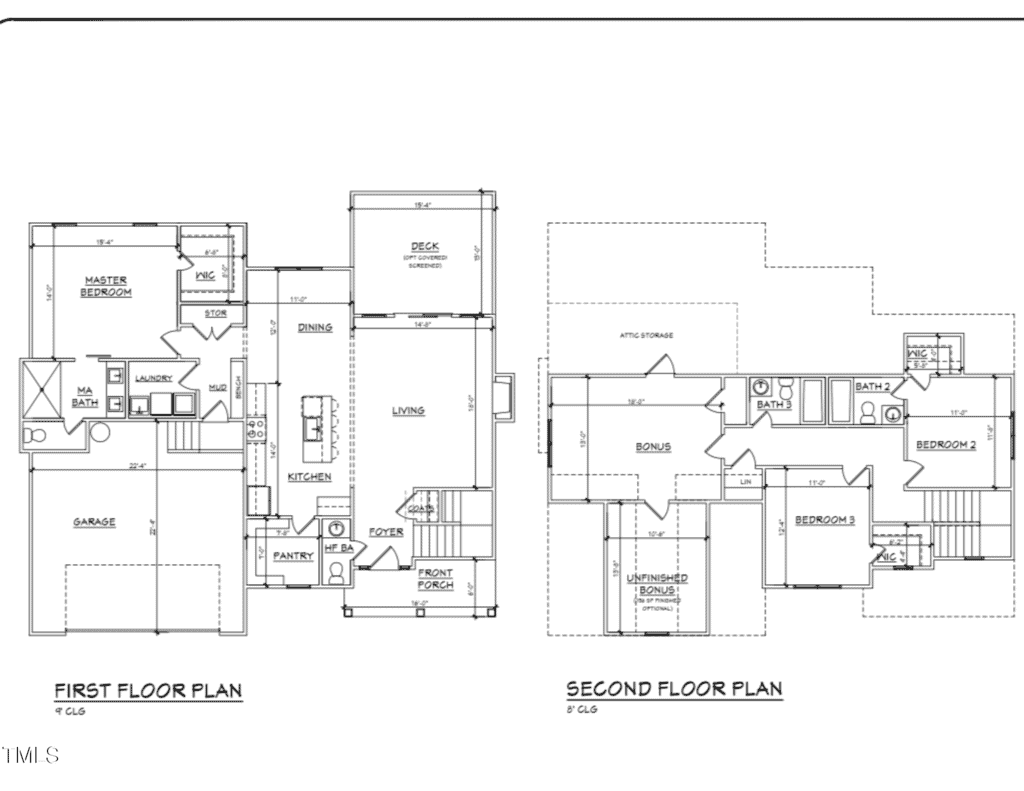 Black and white architectural floor plans for a two-story house, showing labeled rooms including kitchen, pantry, garage, bedrooms, bathrooms, laundry, dining, living area, deck, attic storage, and bonus room.