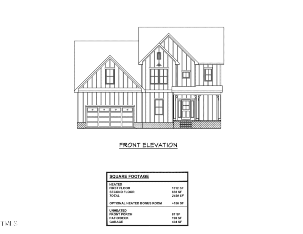 Black and white architectural drawing of a two-story house front elevation, with a two-car garage, front porch, and gabled roof. A table displays square footage details for each area of the house.