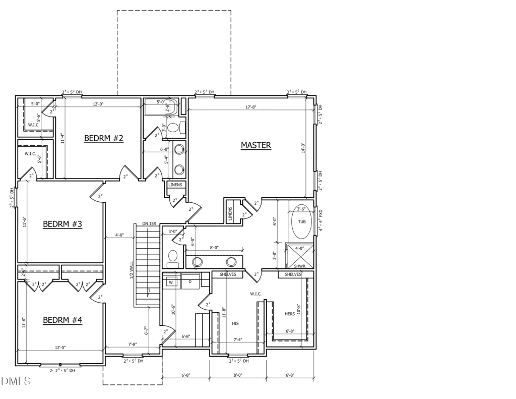 Architectural floor plan showing four bedrooms, two bathrooms, walk-in closets, hallways, and a staircase landing. The master bedroom has an en suite bathroom with a separate tub and shower, and two sinks. Dimensions are labeled throughout.