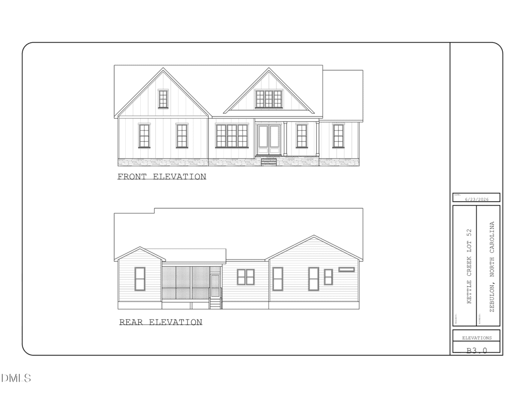Architectural drawing showing the front and rear elevations of a house with gabled roofs, multiple windows, and a central entrance. The rear elevation features a screened porch area. Drawing is labeled with project information.