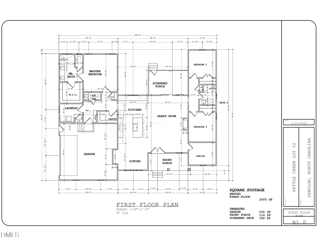 Architectural floor plan for a single-story home showing rooms including garage, master bedroom, screened porch, kitchen, dining, living room, two additional bedrooms, baths, and labeled measurements. Plan title and project info are on the right.